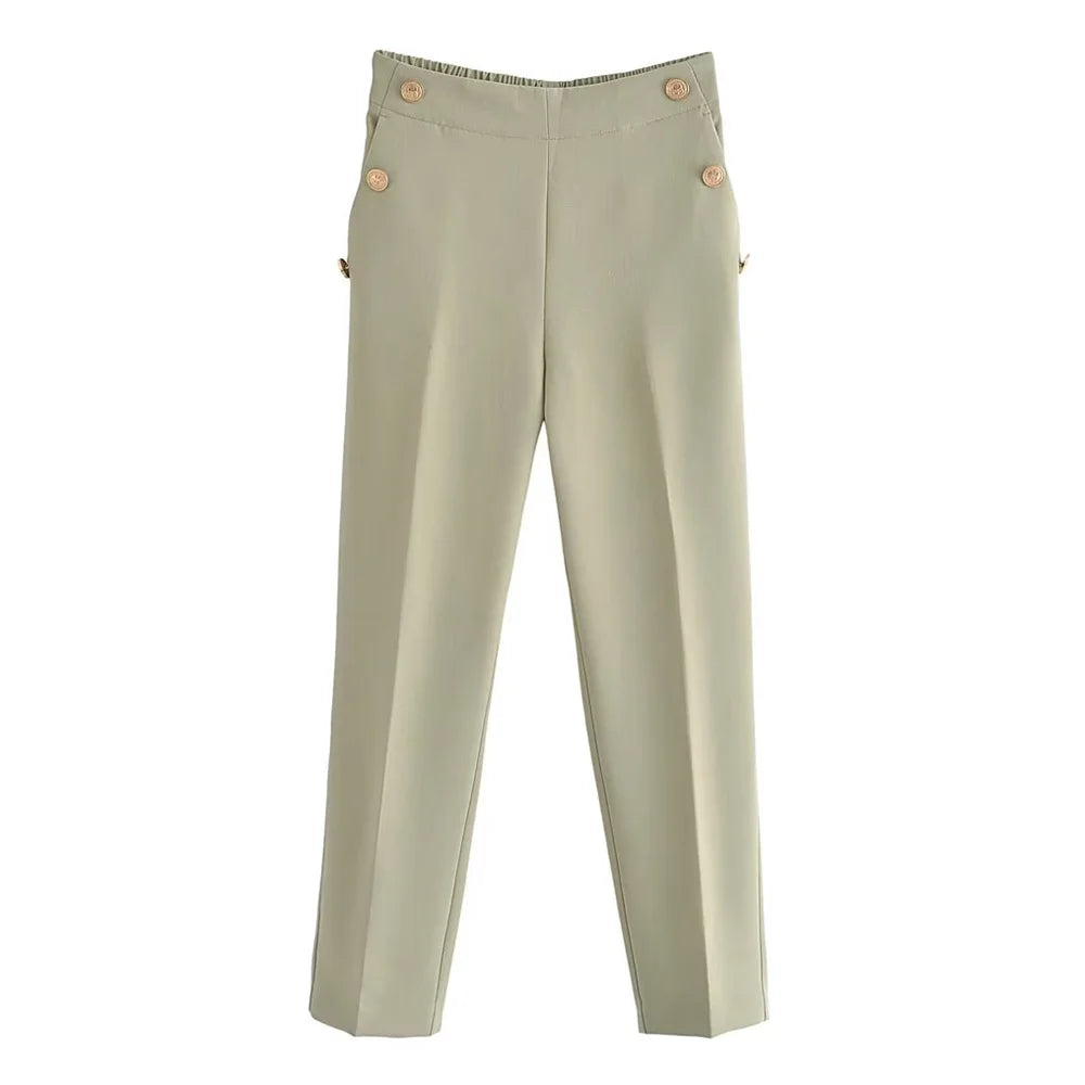 Pantalon Femme Vintage – Boutons Métalliques & Taille Haute