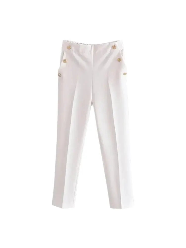 Pantalon Femme Vintage – Boutons Métalliques & Taille Haute