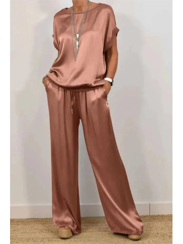 Ensemble Femme Satiné Été – T-shirt & Pantalon Large