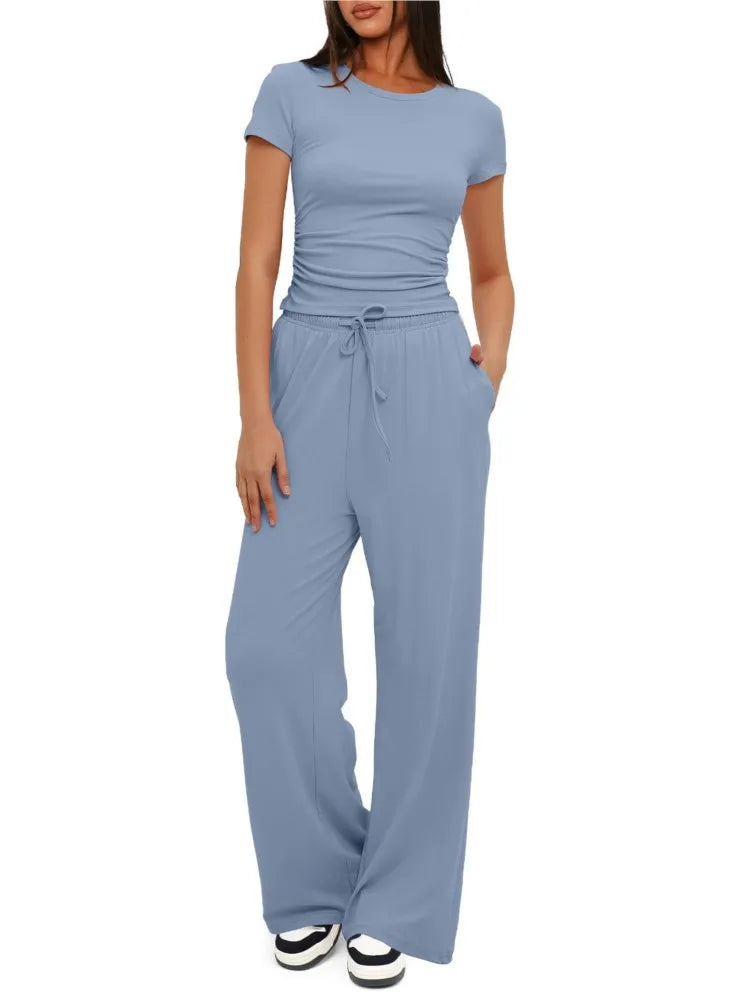 Ensemble Femme Mode 2 Pièces – Top Plissé & Pantalon Sport