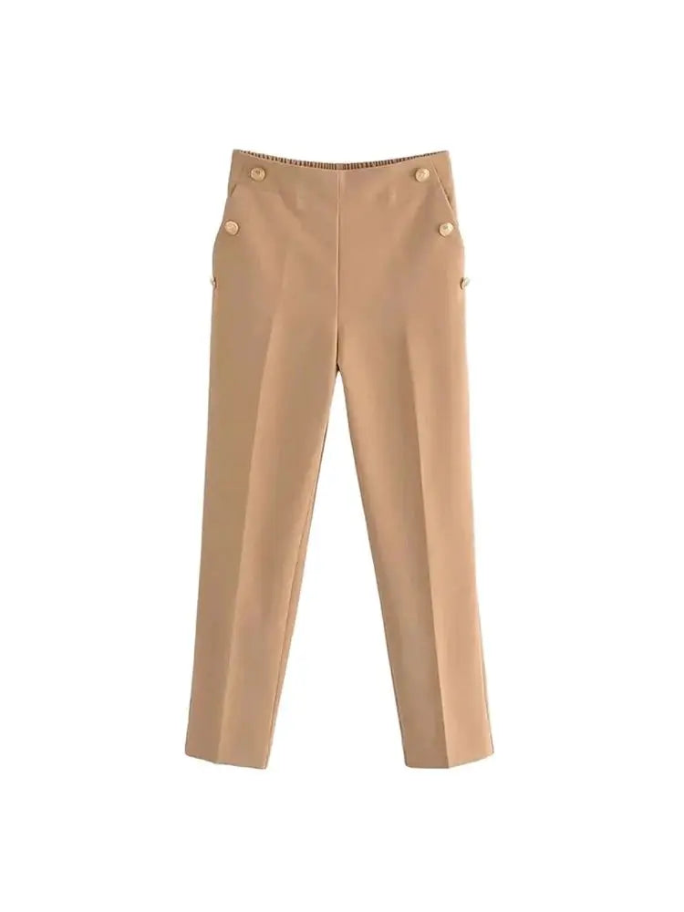 Pantalon Femme Vintage – Boutons Métalliques & Taille Haute