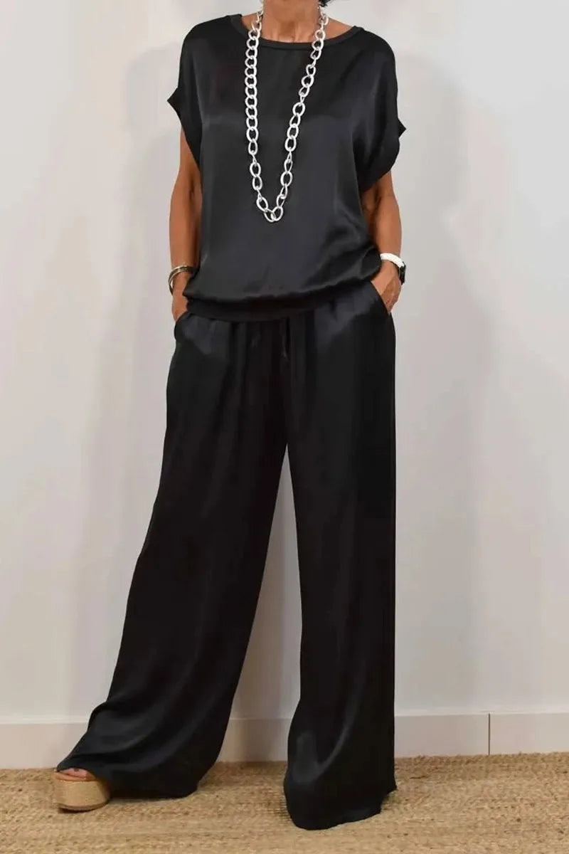 Ensemble Femme Satiné Été – T-shirt & Pantalon Large
