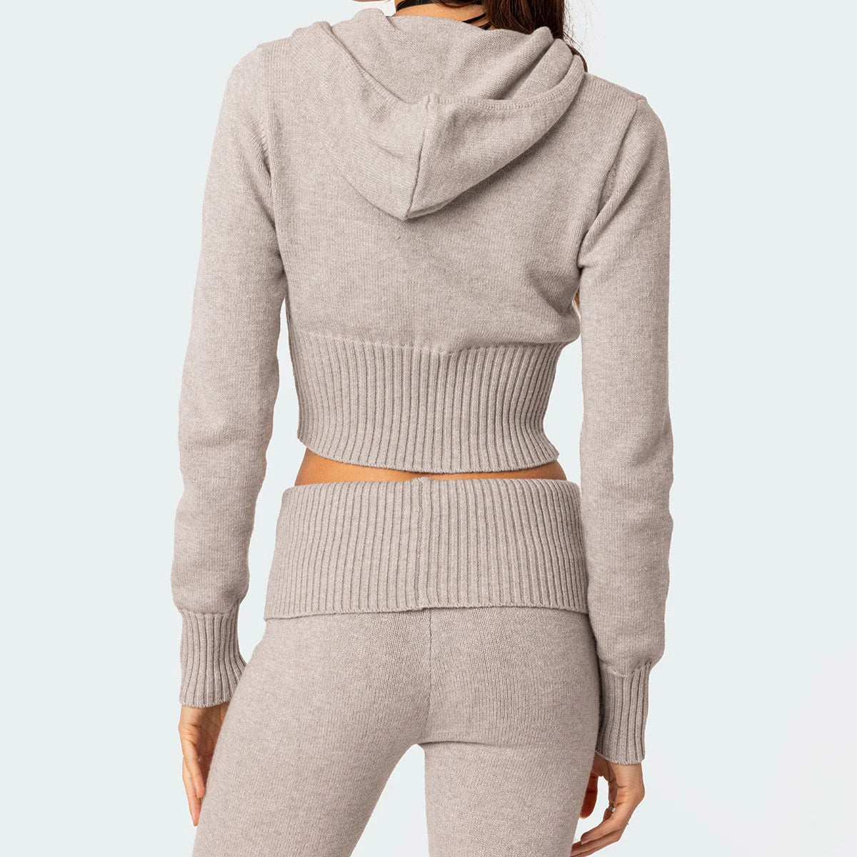 Ensemble Femme Tricoté – Haut Zippé à Capuche & Pantalon Évasé