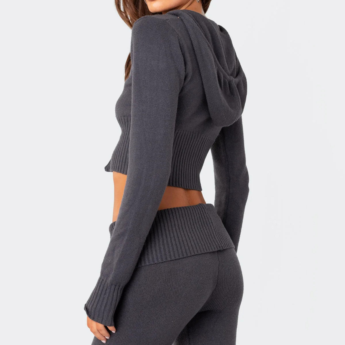 Ensemble Femme Tricoté – Haut Zippé à Capuche & Pantalon Évasé