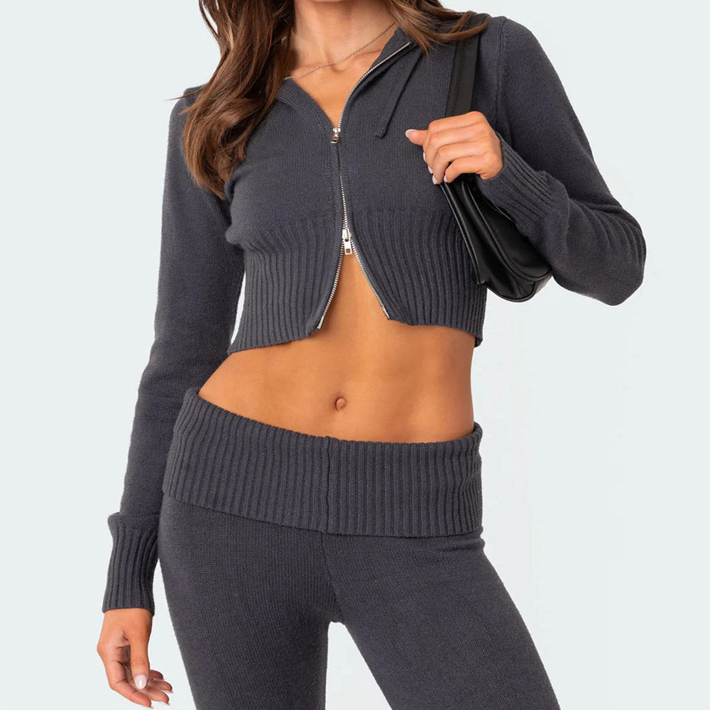Ensemble Femme Tricoté – Haut Zippé à Capuche & Pantalon Évasé