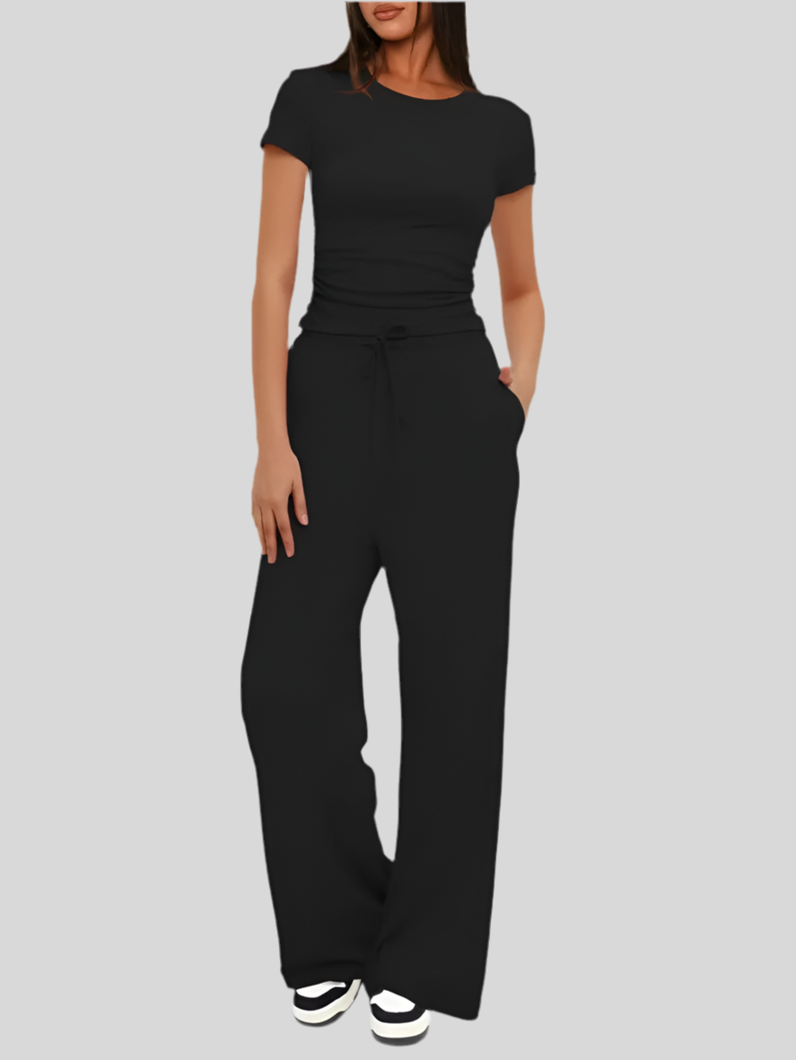 Ensemble Femme Mode 2 Pièces – Top Plissé &amp; Pantalon Sport