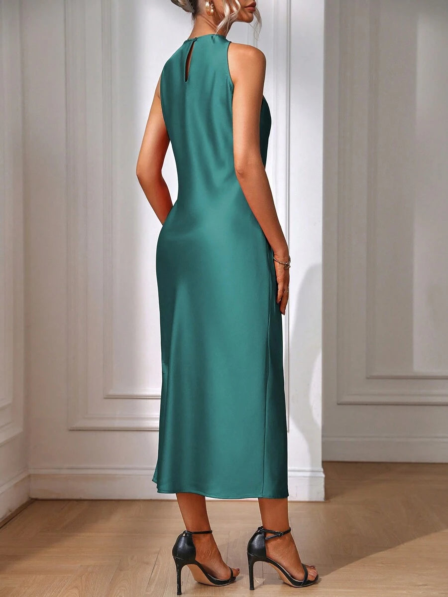 Robe Maxi Fendue Verte Élégante en Soie