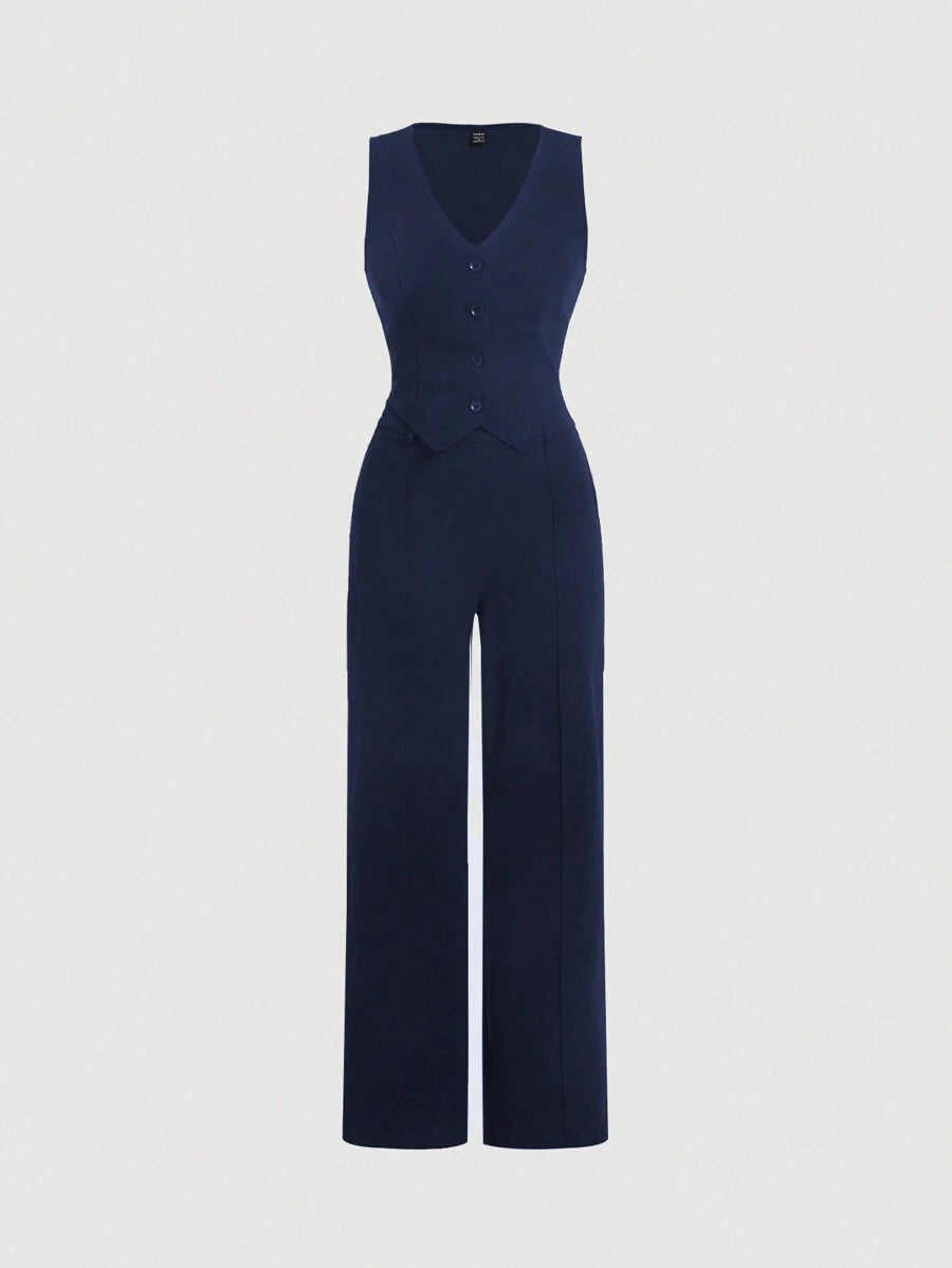 Tailleur Femme Bleu – Veste Boutonnée &amp; Pantalon