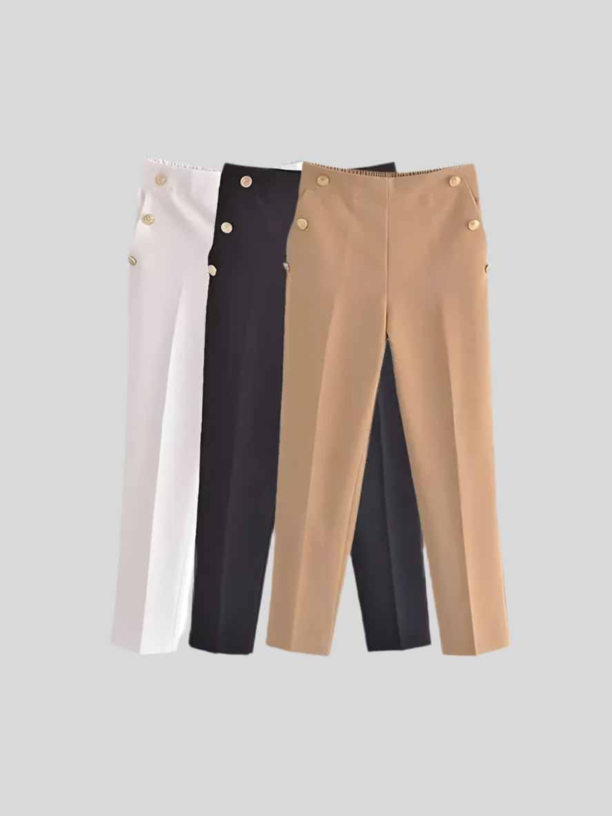 Pantalon Femme Vintage – Boutons Métalliques &amp; Taille Haute