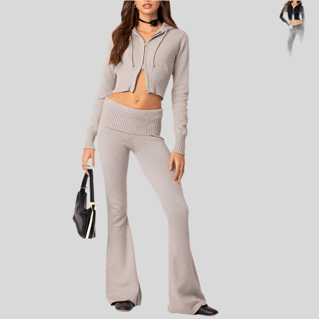 Ensemble Femme Tricoté – Haut Zippé à Capuche &amp; Pantalon Évasé