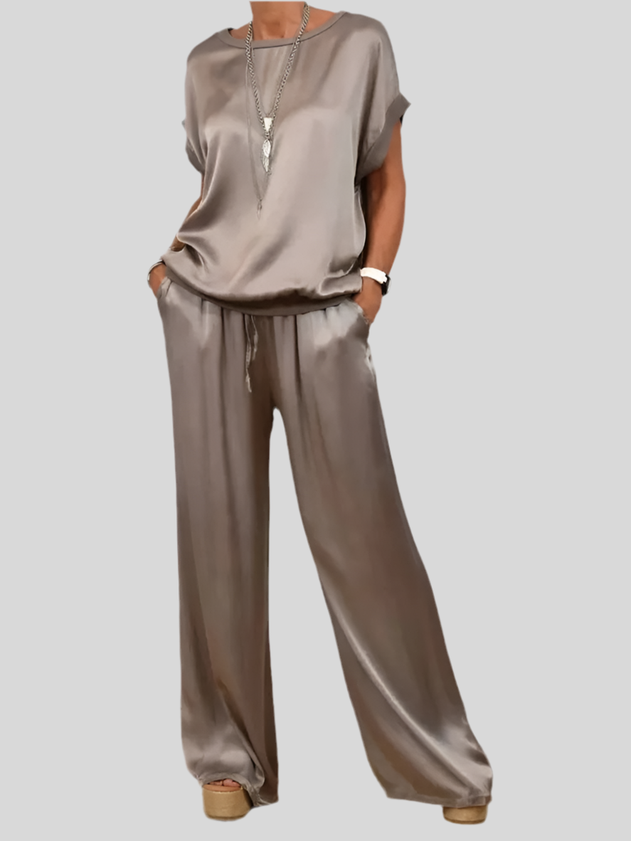 Ensemble Femme Satiné Été – T-shirt &amp; Pantalon Large