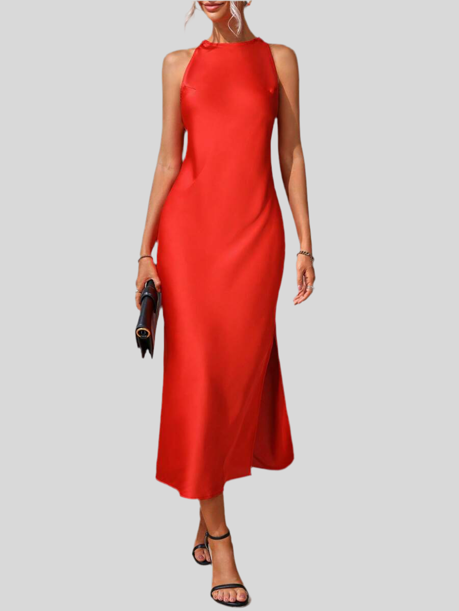 Robe Maxi Fendue Verte Élégante en Soie