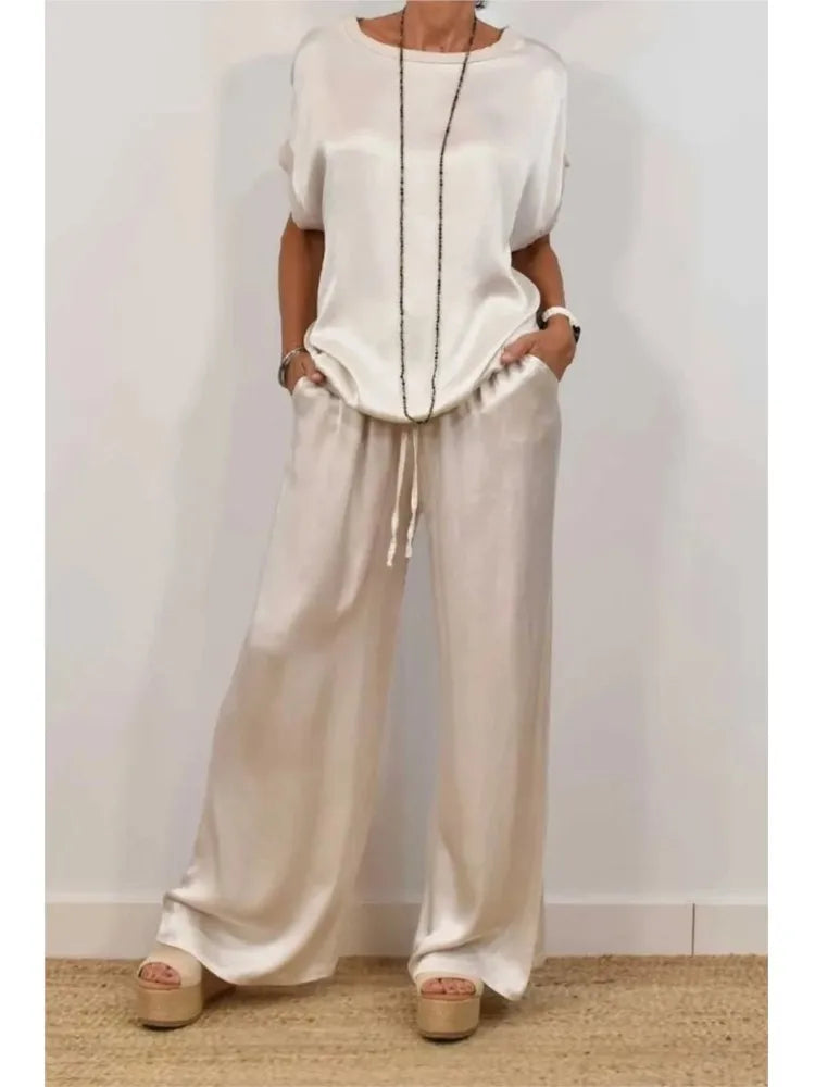 Ensemble Femme Satiné Été – T-shirt &amp; Pantalon Large