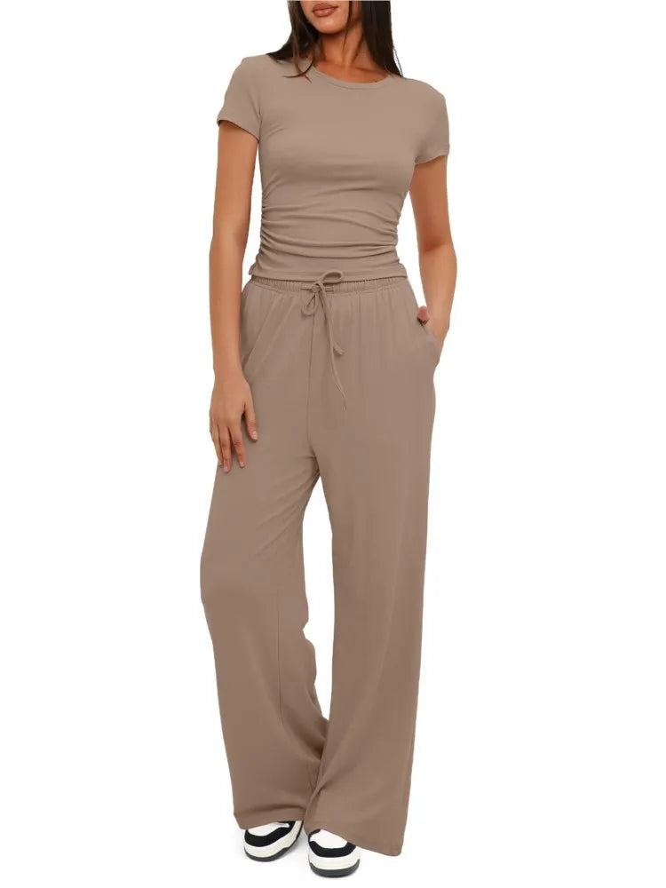Ensemble Femme Mode 2 Pièces – Top Plissé &amp; Pantalon Sport