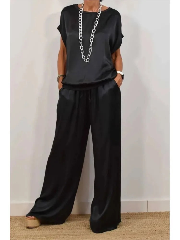 Ensemble Femme Satiné Été – T-shirt &amp; Pantalon Large
