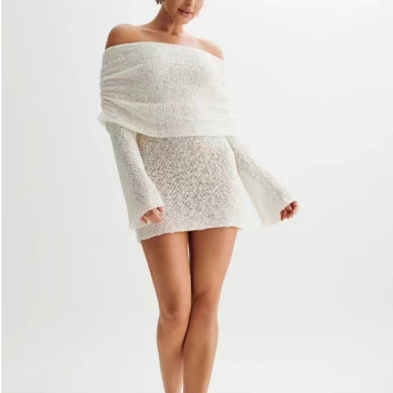 Robe Pull Tricotée à Épaules Dénudées – Élégance Printanière
